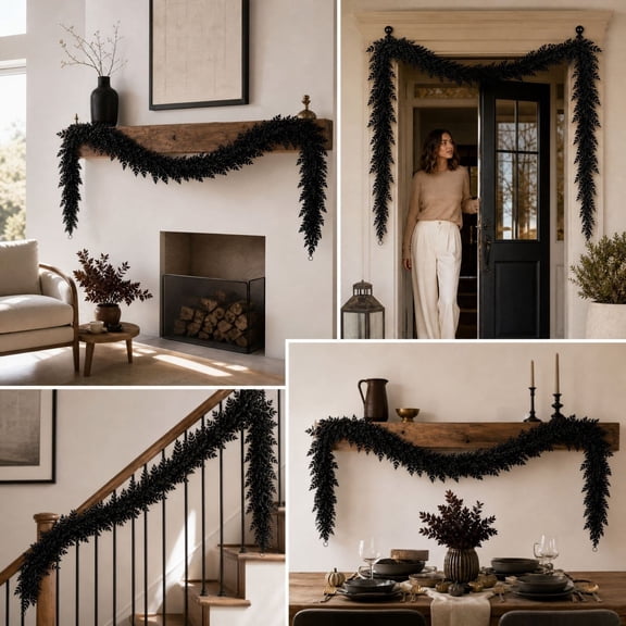 Texas Halloween Drapey Faux Cedar Garland, 5' Spooky Artificial Wreath Hanging Decor for Mantel Door Frame Staircase Table Party Home, Black