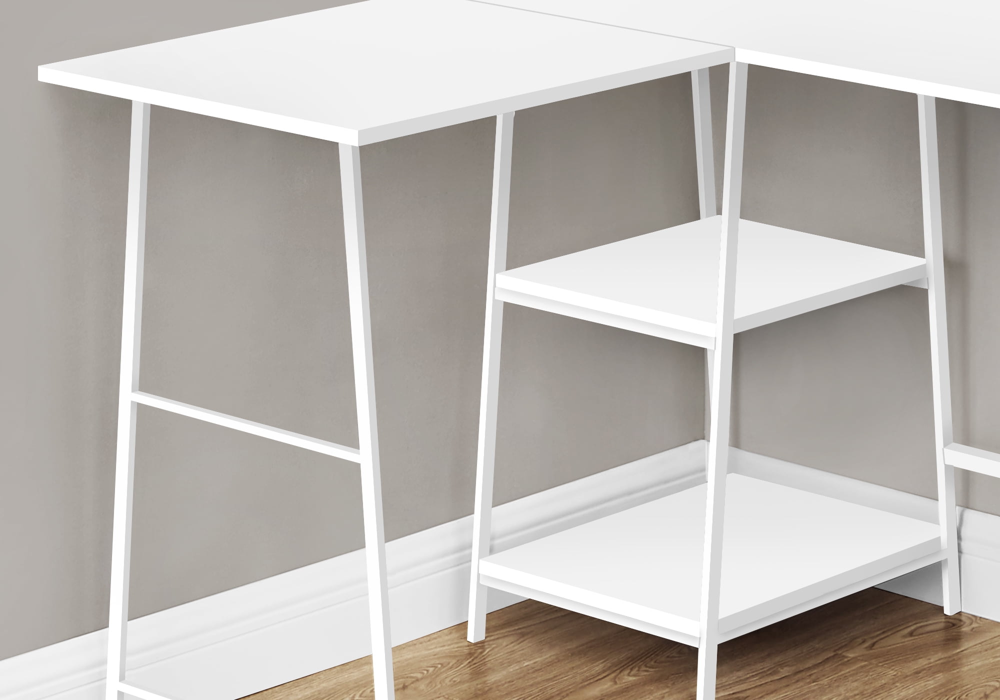 48 Inch White L Shaped Computer Desk with Open Shelves and Metal Frame