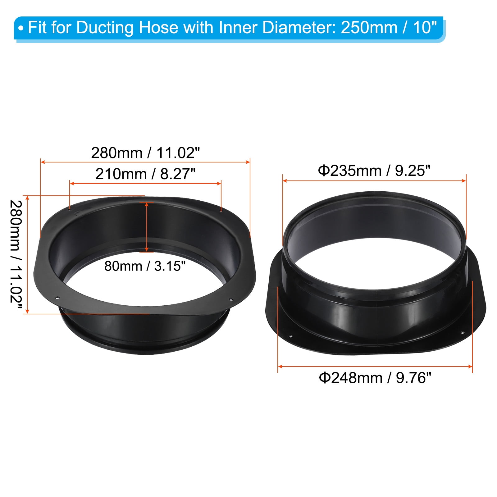Uxcell 10" Duct Connector Flange Dryer Vent Wall Plate Square to Round Straight Ducting Plate Black 2 Pack