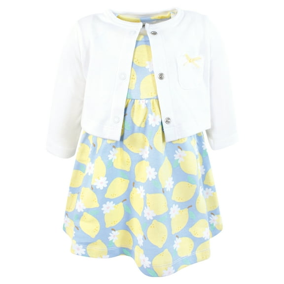 Hudson Baby Infant and Toddler Girls Cotton Dress and Cardigan Set, Blue Lemons, 0-3 Months