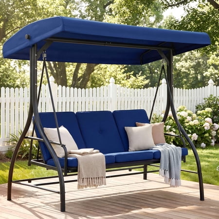 Pirecart 3 Person Patio Porch Swing with Stand, Outdoor Converting Swing Glider Hammock with Adjustable Canopy, Cushions, Garden, Yard