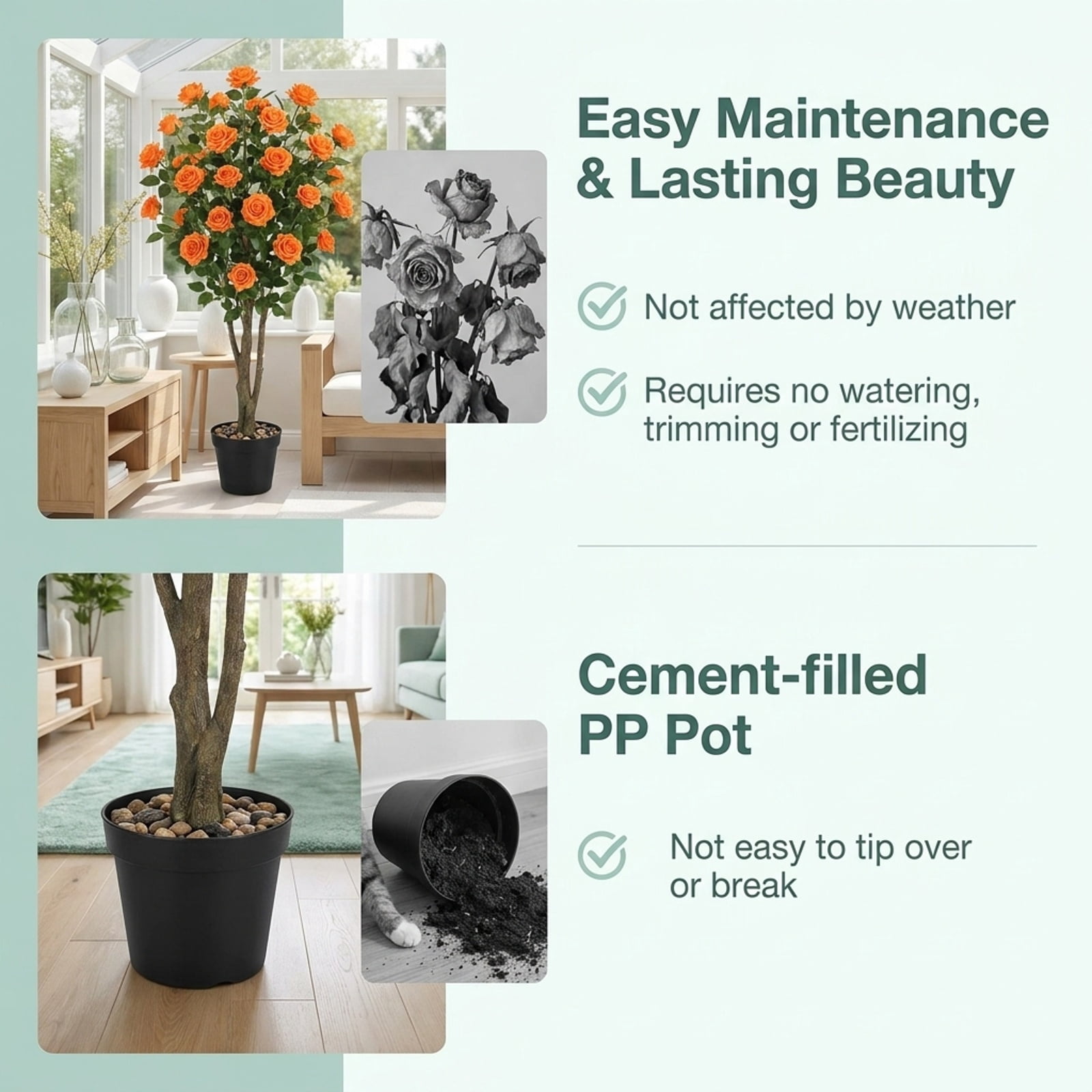Vebreda 40 in Artificial Camellia Tree, Faux Potted Flowering Plant with 37 Silk Camellias, River Stones, and Cement-Filled Pot, Indoor Home Office Decor, Green