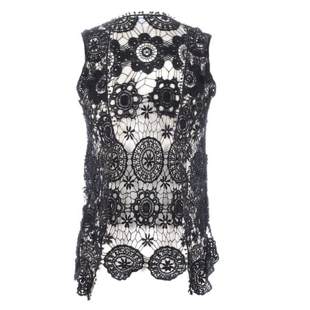 - Anna-Kaci S/M Fit Black Floral Crochet Lace Pom Pom Fringe Trim Vest Cardigan