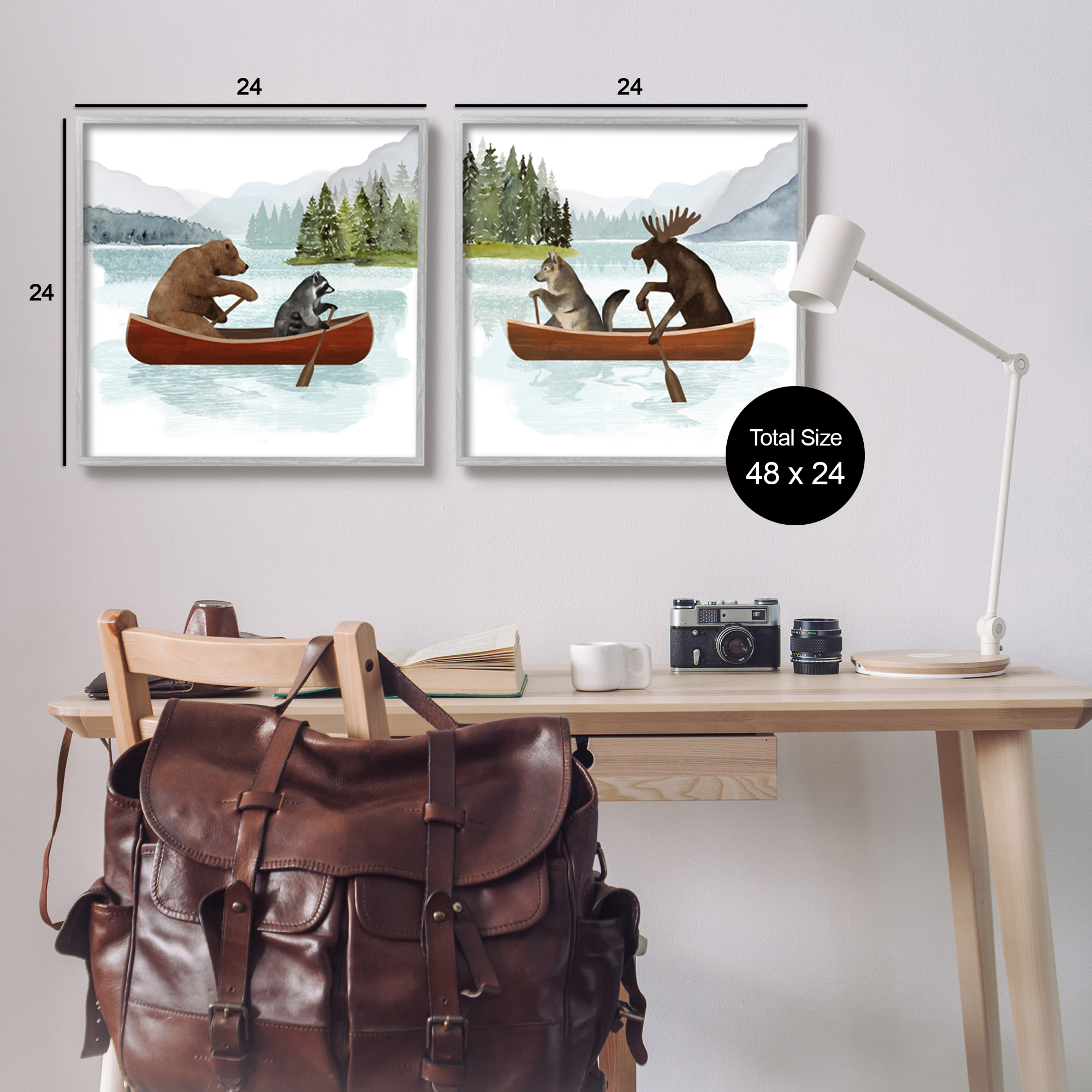 Stupell Industries Woodland Animals on Canoes Animals & Insects Painting Gray Framed Art Print Wall Art, 24 x 24, Set of 2
