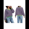 thumbnail image 3 of Suéter de Rayas de Larga para Mujer, Cuello en V, Bloque de Color, Punto Suave, Jersey de Moda Azul y Rosa L, 3 of 8
