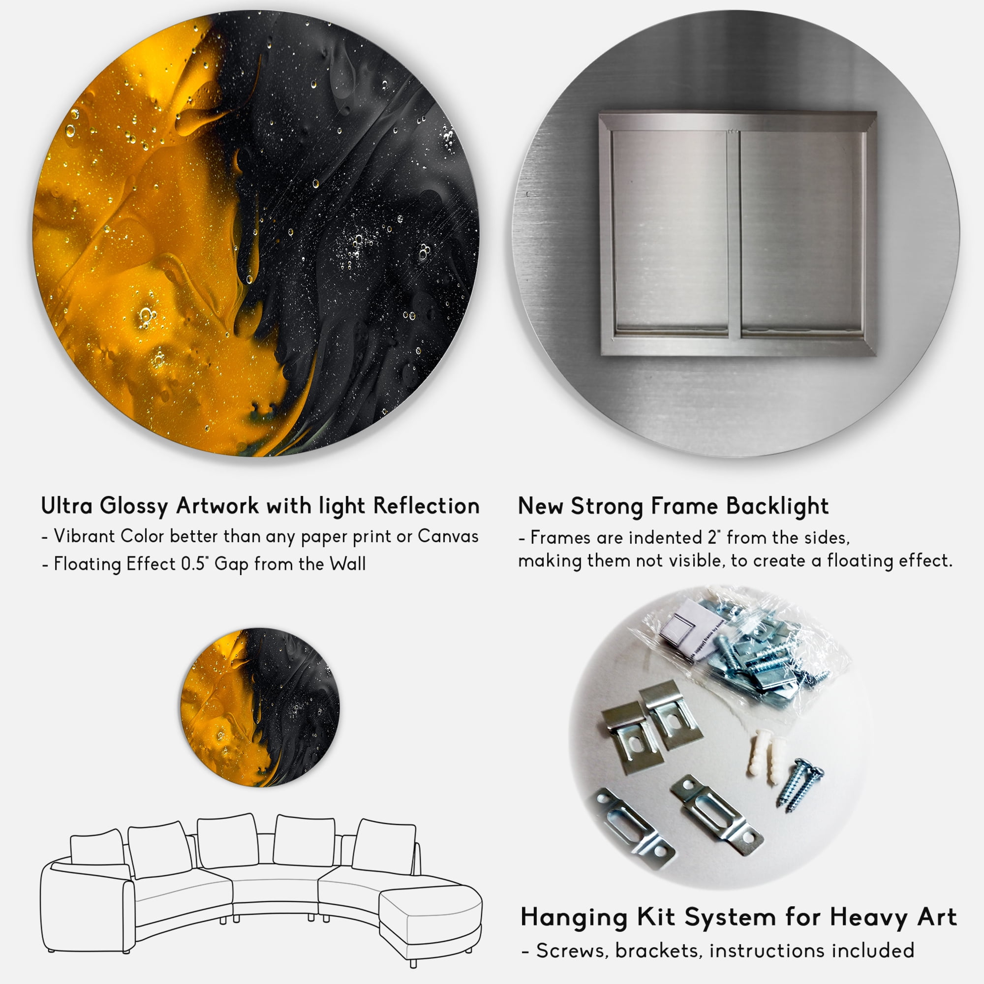 Designart 'Marriage of Black and Yellow' Modern Circle Metal Wall Art 29x29 - Disc of 29