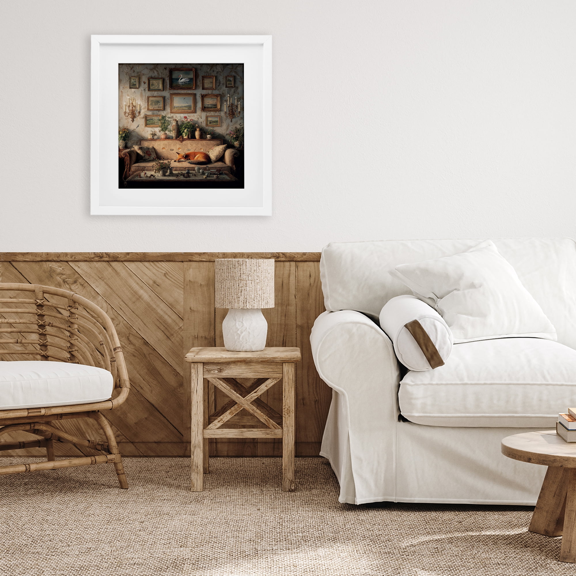 Stupell Industries Vintage Parlor with Fox White Framed Print Under Glass, design by The Wands Want