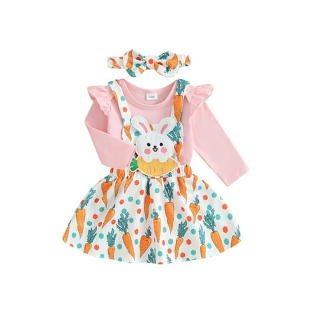 

Co.MMehjri Baby Girl Easter 3Pcs Outfit 3 6 9 12 18 Months Infant Clothes Long Sleeve Romper with Carrot Print Bunny Embroidery Overall Dress and Bow Headband