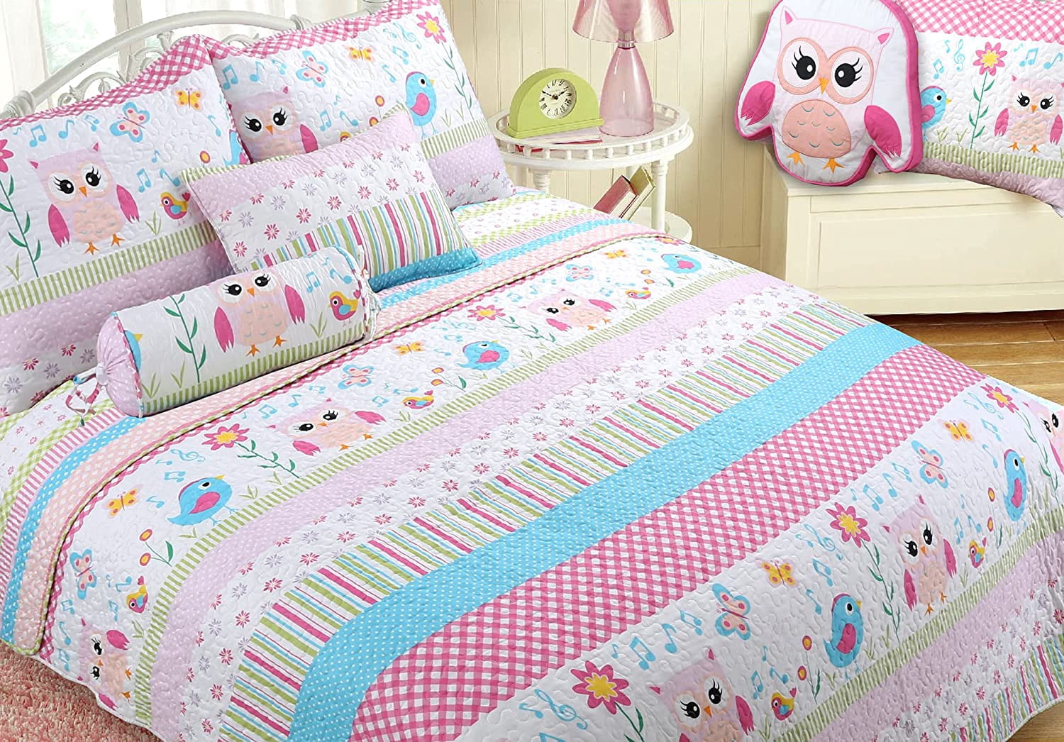 Cozy Line Happy Owl Pink Reversible Quilt Bedding Set, Coverlet, Bedspreads for Kids, Girls (Happy Owl, Twin - 2 Piece)