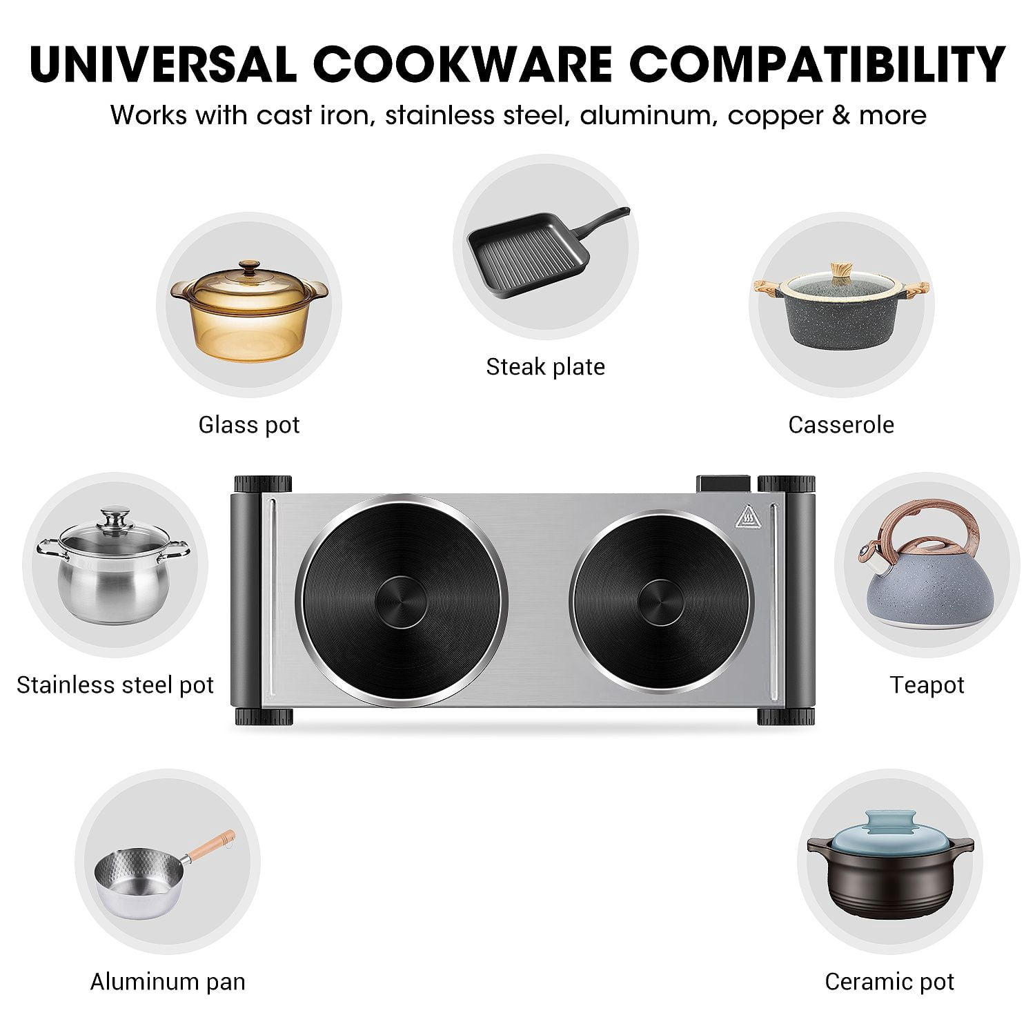 CUSIMAX 1800W Double Burner Hot Plate,Walmart Exclusive Portable Countertop Cast-Iron Stove with Concealed Handle, Independent Heat Controls & Easy-Clean Black Stainless Design