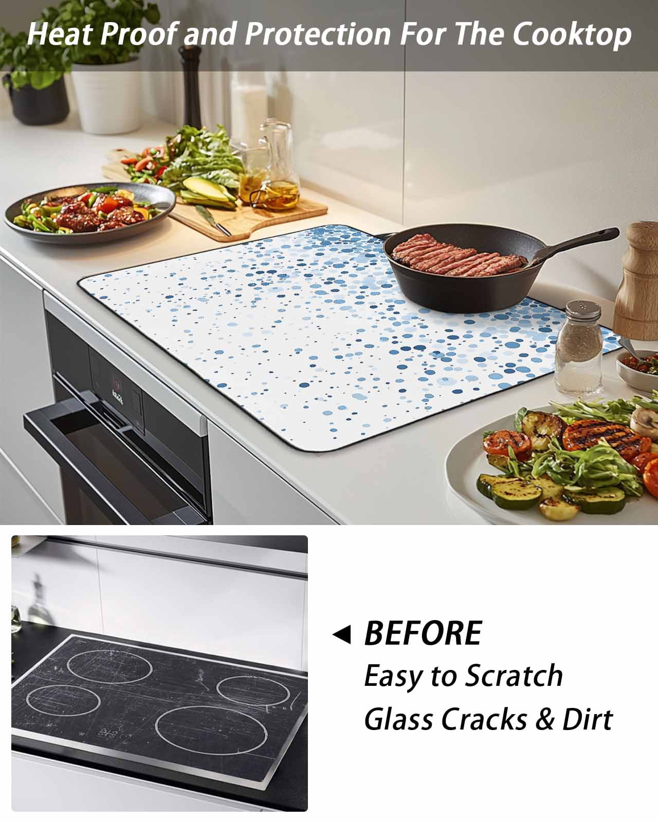Stove Top Covers for Electric Stove, Blue Polka Dot Glass Stovetop Cover Protector, Abstract Modern Art Dots Watercolor Induction Cooktop Protector Oven Mat for Kitchen Countertop 24"x21"