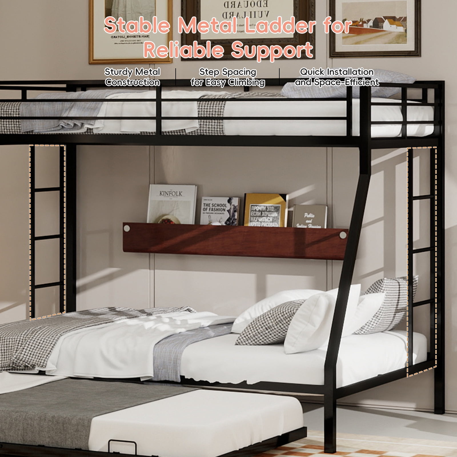 Miniyam Twin over Full Metal Bunk Bed with Trundle, Square Tube Frame, Space Saving Bunk Bed with Ladder, Black