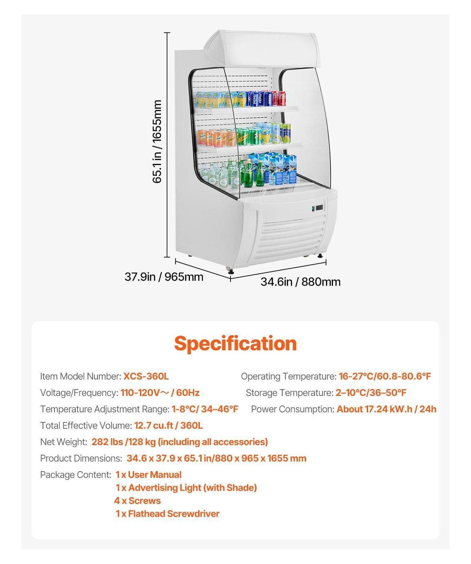 Open Air Merchandiser Cooler, 12.7 cu.ft 2-Tier Display Refrigerator with Air Curtain - Stainless Steel Commercial Refrigerator for Convenience Stores & Restaurants