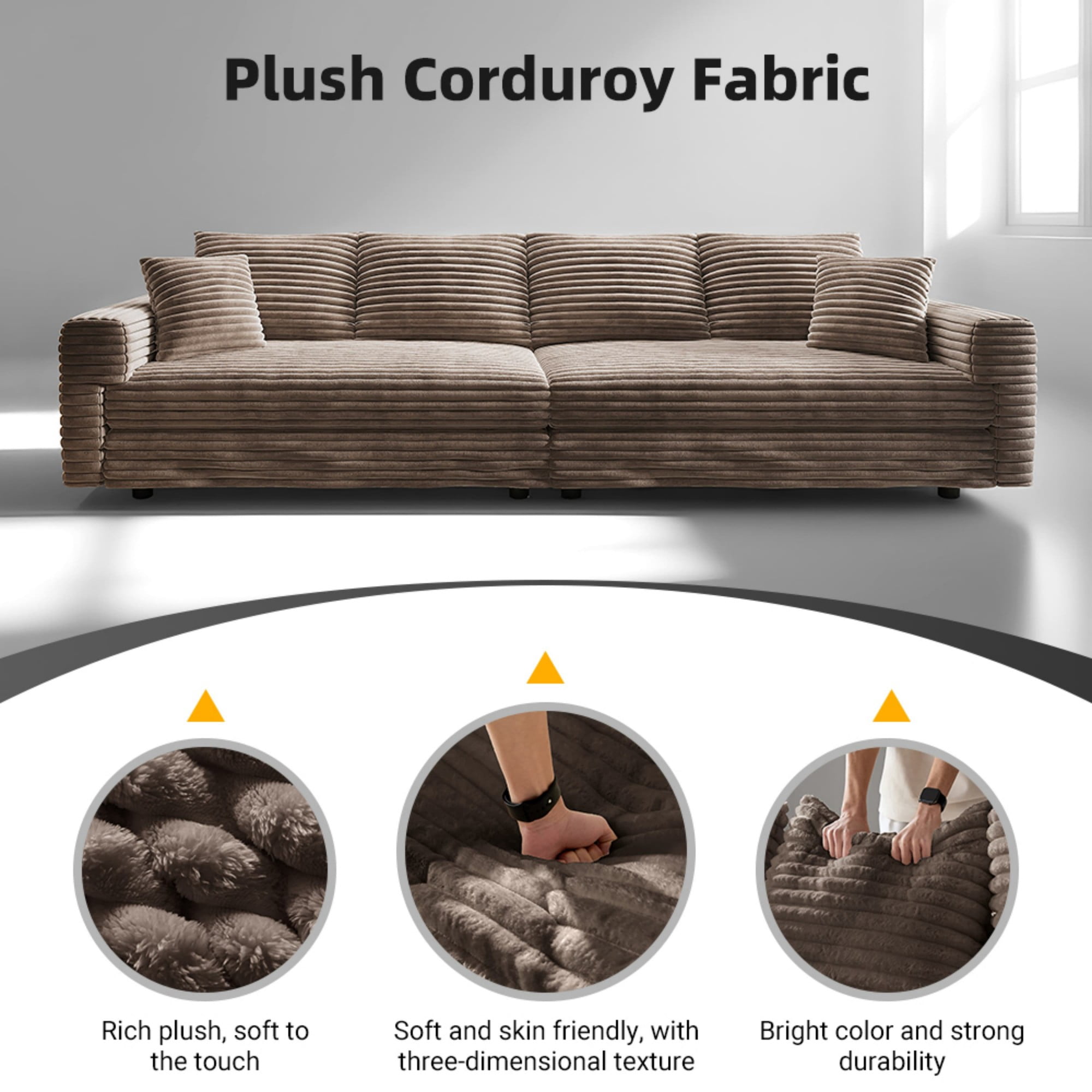 102.4 " Modern Sectional Sofa Couch,Convertible Sofa Plush Corduroy 4-Seat Upholstered Sofa with Soft Pillows for Living Room Bedroom,Camel