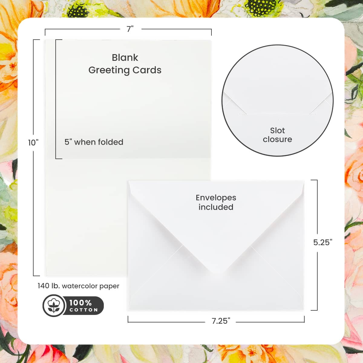 New York Central Folded Watercolor Cards with Envelopes - 5" x 7" - 50-Pack - 140lb Cold Pressed, Bright White 100% Cotton - Archival Acid-Free Watercolor Paper Cards for Artists