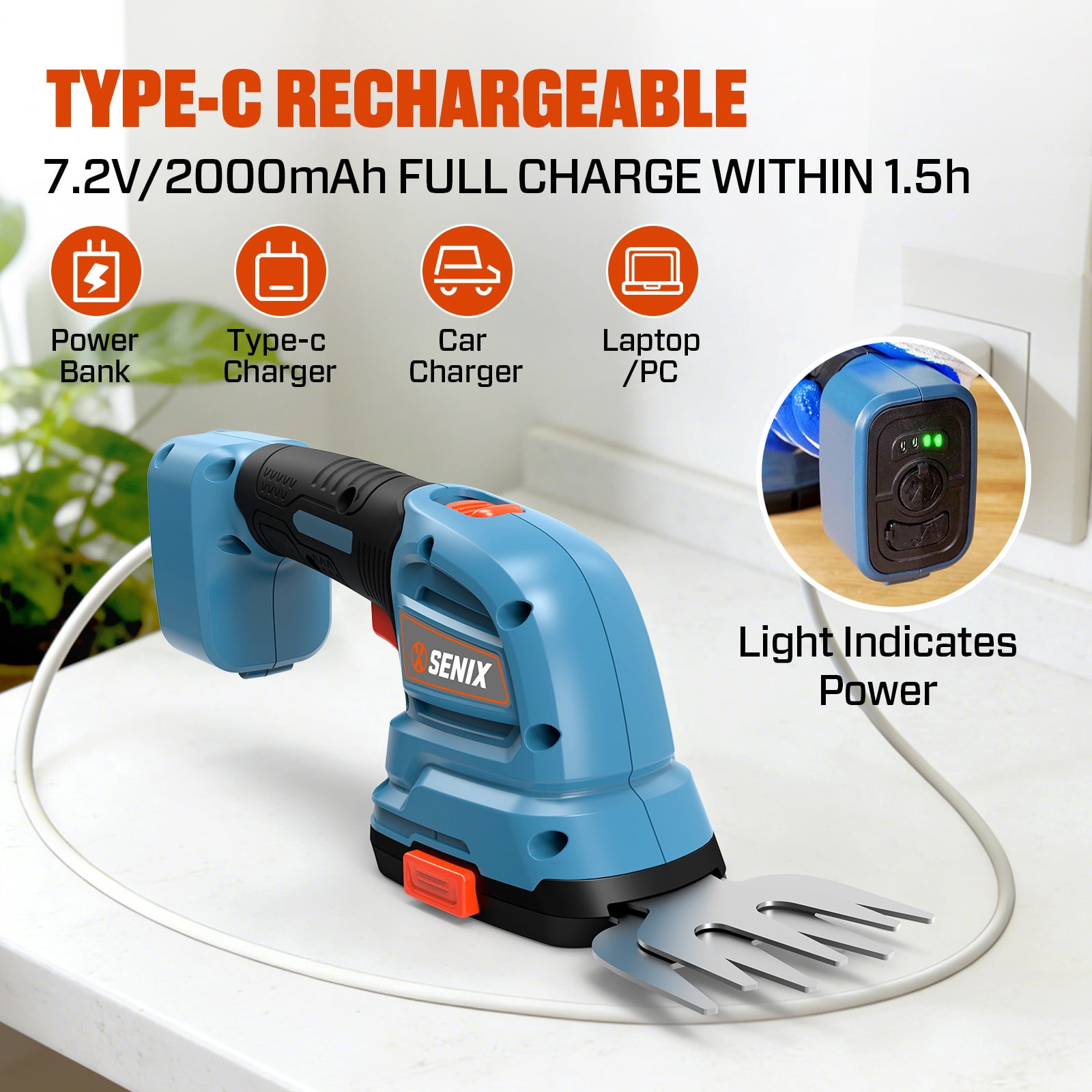 SENIX 7.2V 2-in-1 Cordless Grass Shear & Hedge Trimmer with 2.0 Ah Battery and Charger, Interchangeable 4-inch & 6-inch Blades,GSS2-L