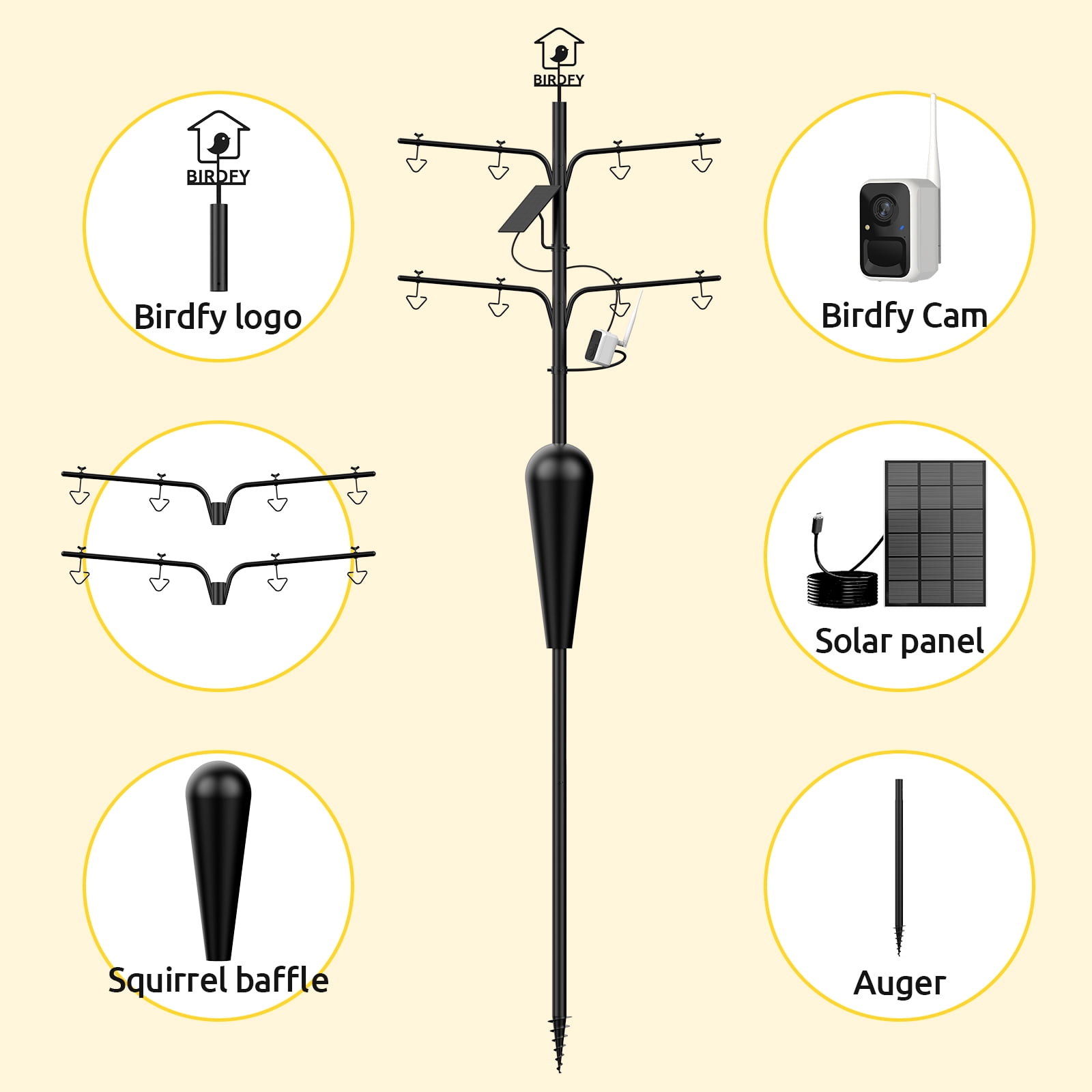 Bird Feeder Pole with Camera and Solar Panel, Netvue Birdfy Pole All Metal with 8 Hooks Squirrel Proof Heavy-Duty Stand