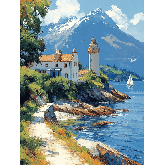 Coastal Lighthouse and House Canvas Wall Art Perfect for Living Room Kitchen and Bathroom Decoration.