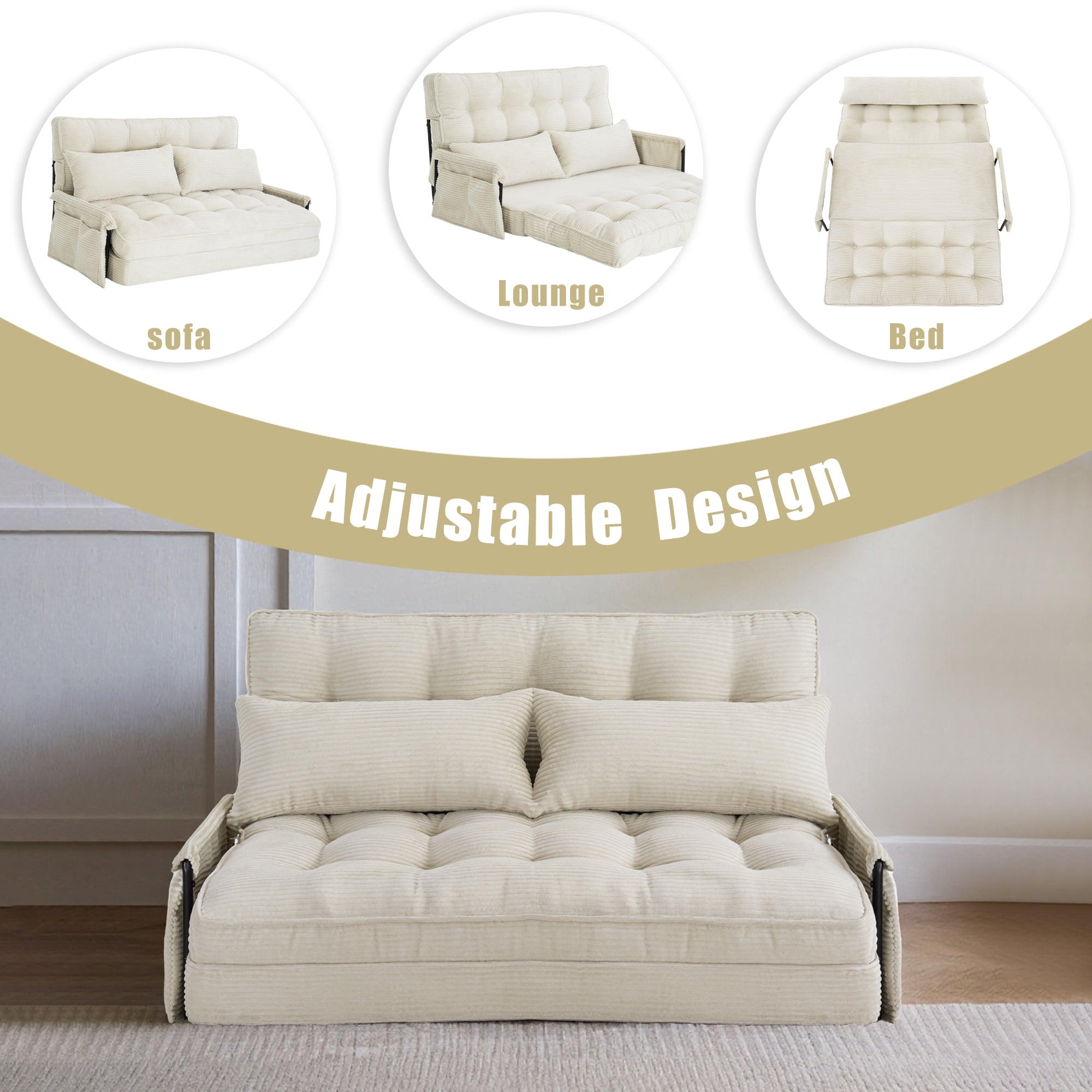 Convertible 5-Position Foldable Lazy Sofa Sleeper Bed with Armrest,Adjustable Floor Sofa Couch with 2 Pillows,Fold Out Floor Couch,Beige