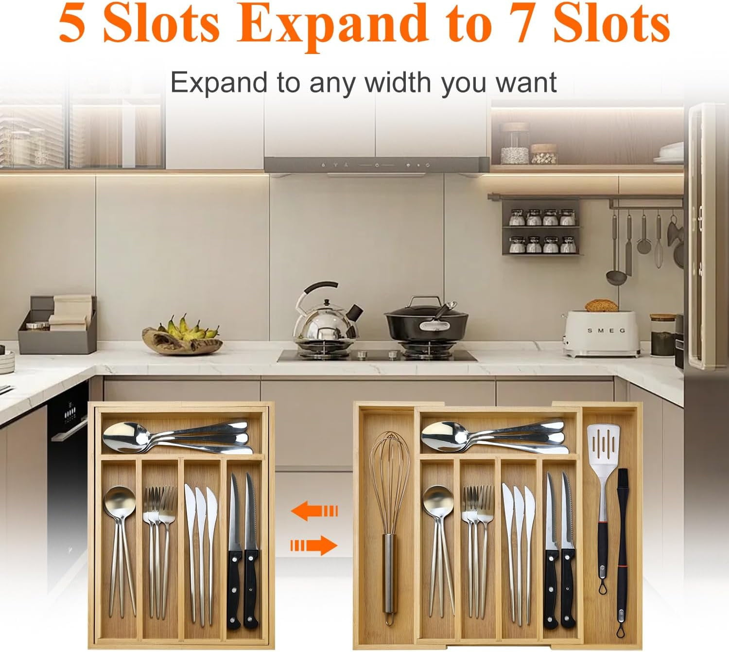 Large Bamboo Kitchen Utensil Drawer Organizer Expandable Flatware Silverware Tray Adjustable Cutlery Drawer Organizer Divider Insert Wood Silverware Utensil Holder Tray Spoon and Fork Organizer