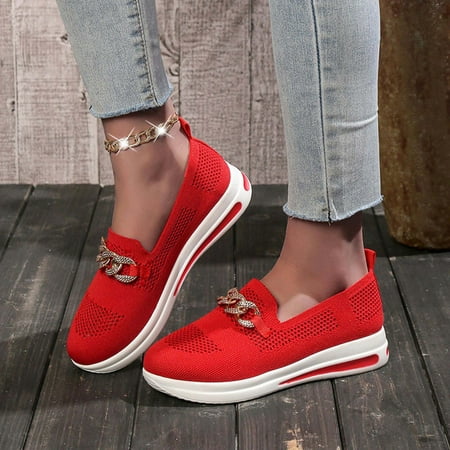 

Jacenvly 2024 New Women s Fashion Flats Shoes Lightweight Soft Sneakers Metal Chain Decoration Casual Shoe Red Sandals for Women Clearance