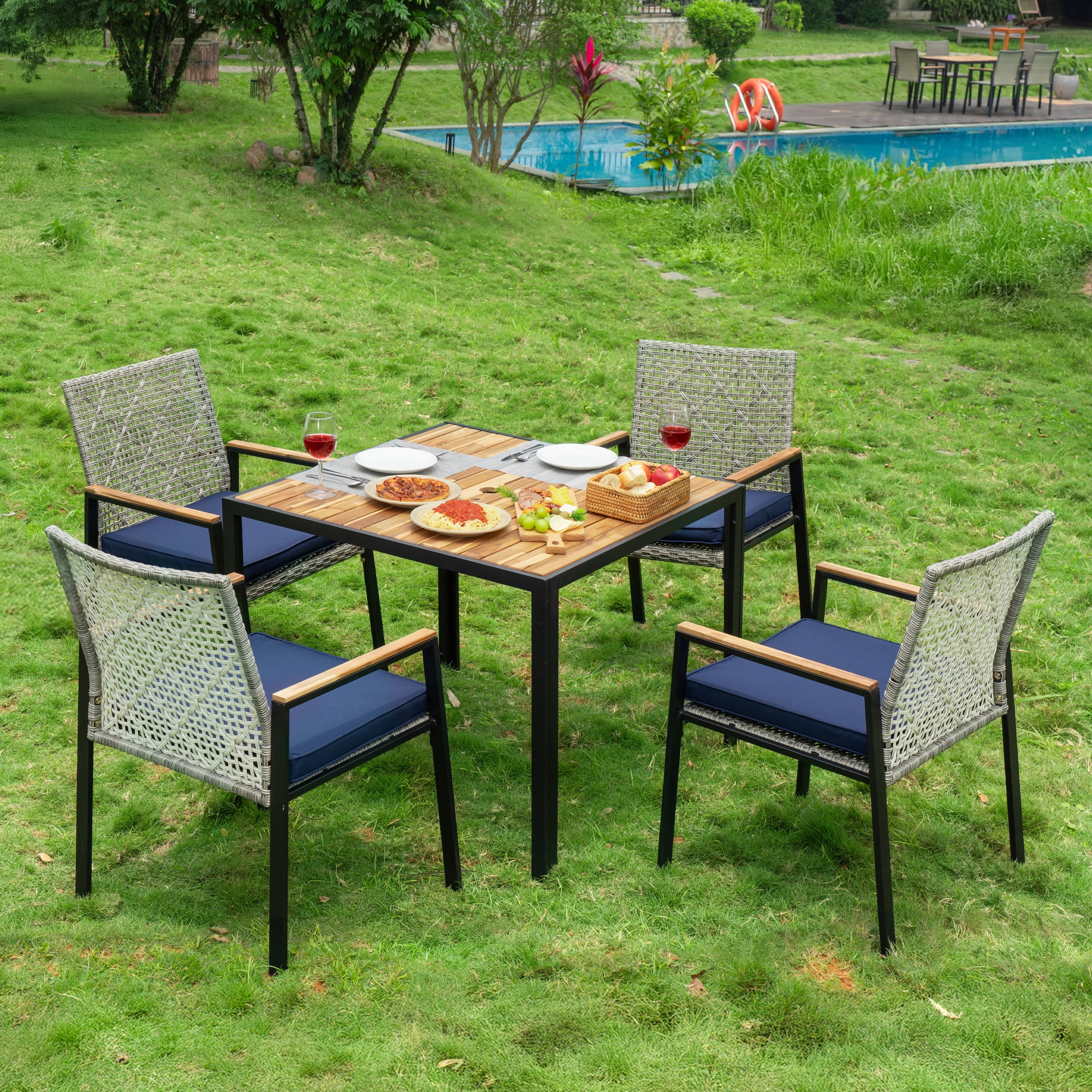 Leumius 5 Piece Patio Dining Set,All Weather Outdoor Dining Table Set with 4 Cushion Chairs,Patio Conversation Set with Acacia Wood Table Top and Umbrella Hole,Light Gray