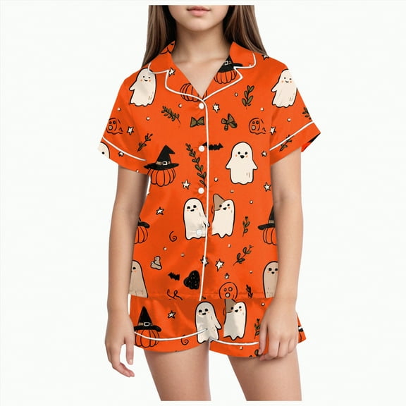 CAUYDY Toddlers Halloween Pajamas Baby Kids Boy Girl Pumpkin Pajama Set Ghost Pjs Button Down Lounge Sleepwear( Red,12-13 Y)