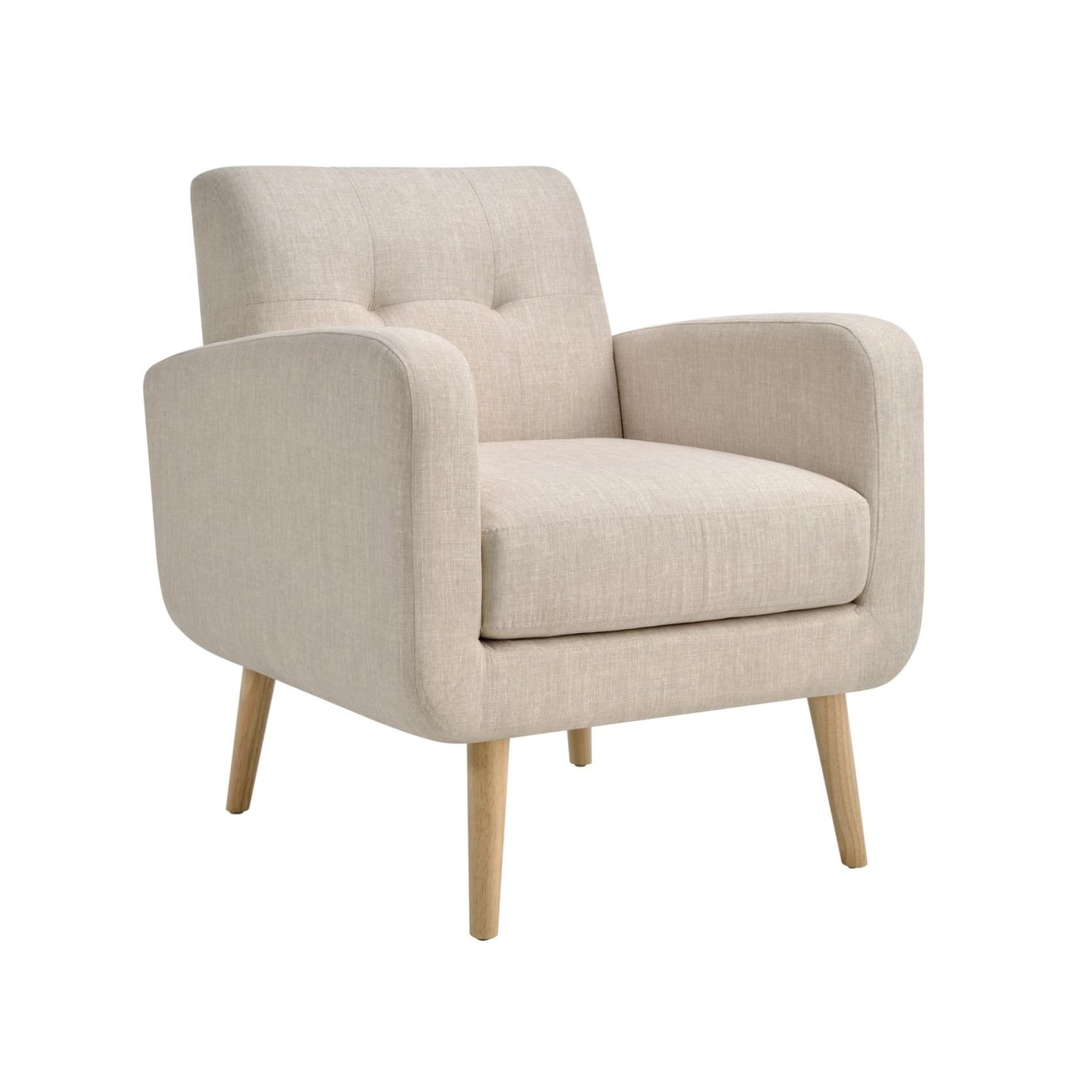 Mid-Century Modern Accent Armchair, Upholstered Fabric Living Room Chair with Deep Seat, Padded Arms & Rubber Wood Legs, Beige