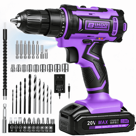 BIHOO Purple Cordless Drill Set 20V,Electric Power Driver Kit with Battery and Charger, Keyless Chuck, 2Variable Speed for Home DIY Projects