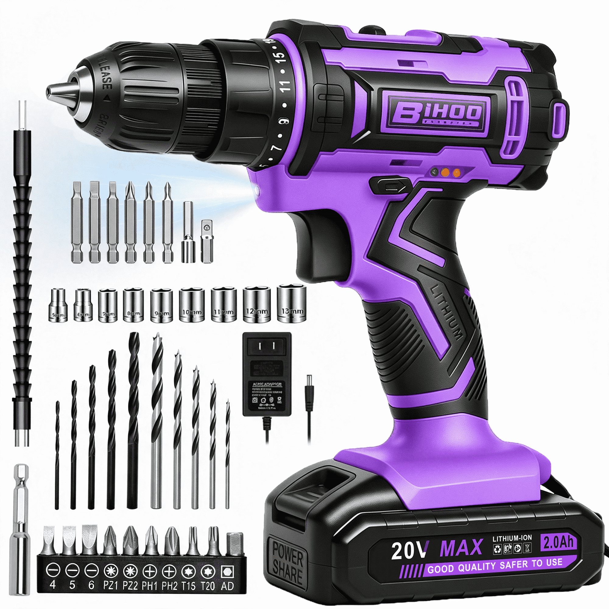 BIHOO Purple Cordless Drill Set 20V,Electric Power Driver Kit with Battery and Charger, Keyless Chuck, 2Variable Speed for Home DIY Projects