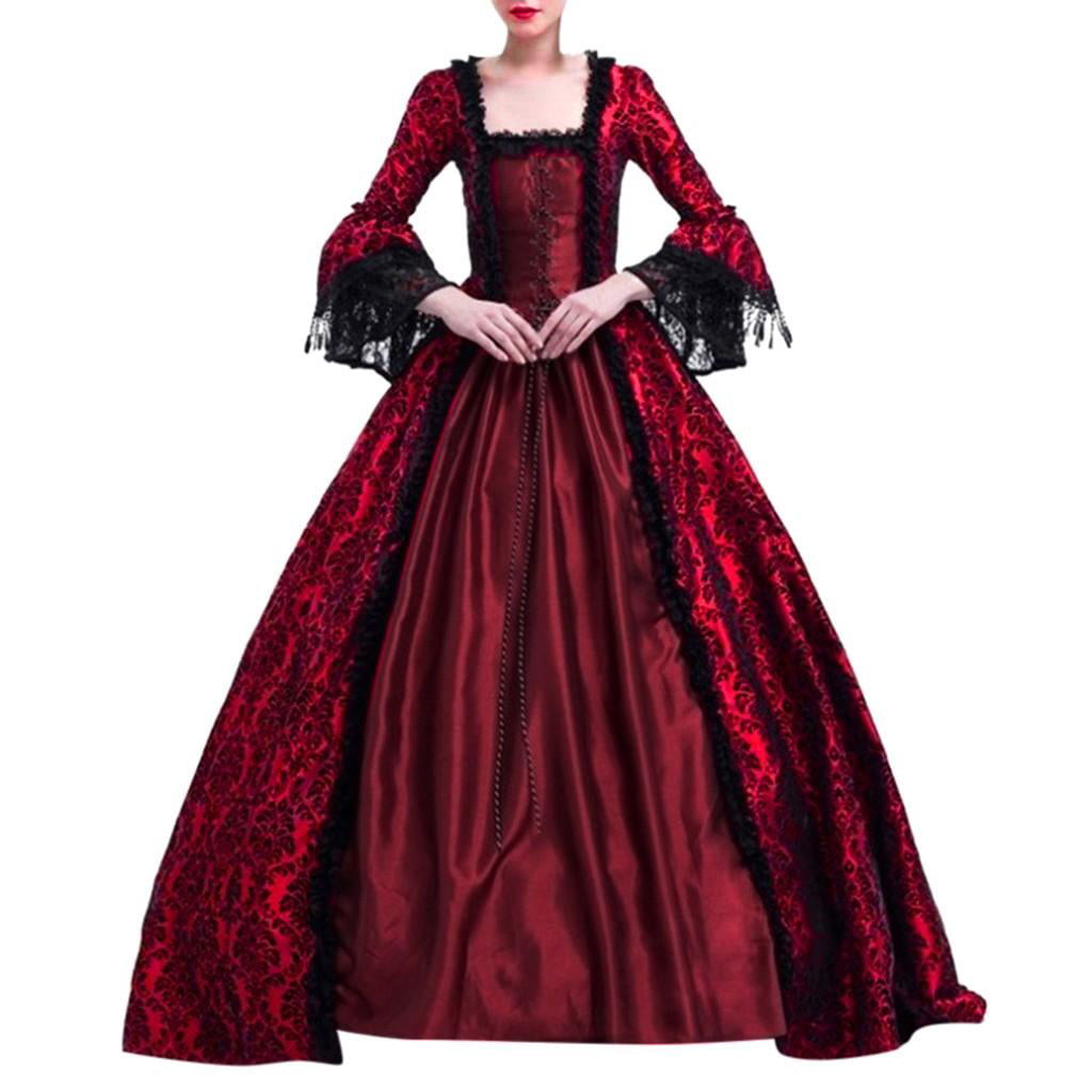 sheart 9 Ladies Medieval Vintage Style Solid Color Bell Sleeve Renaissance Cosplay Princess Long Dresses Red 