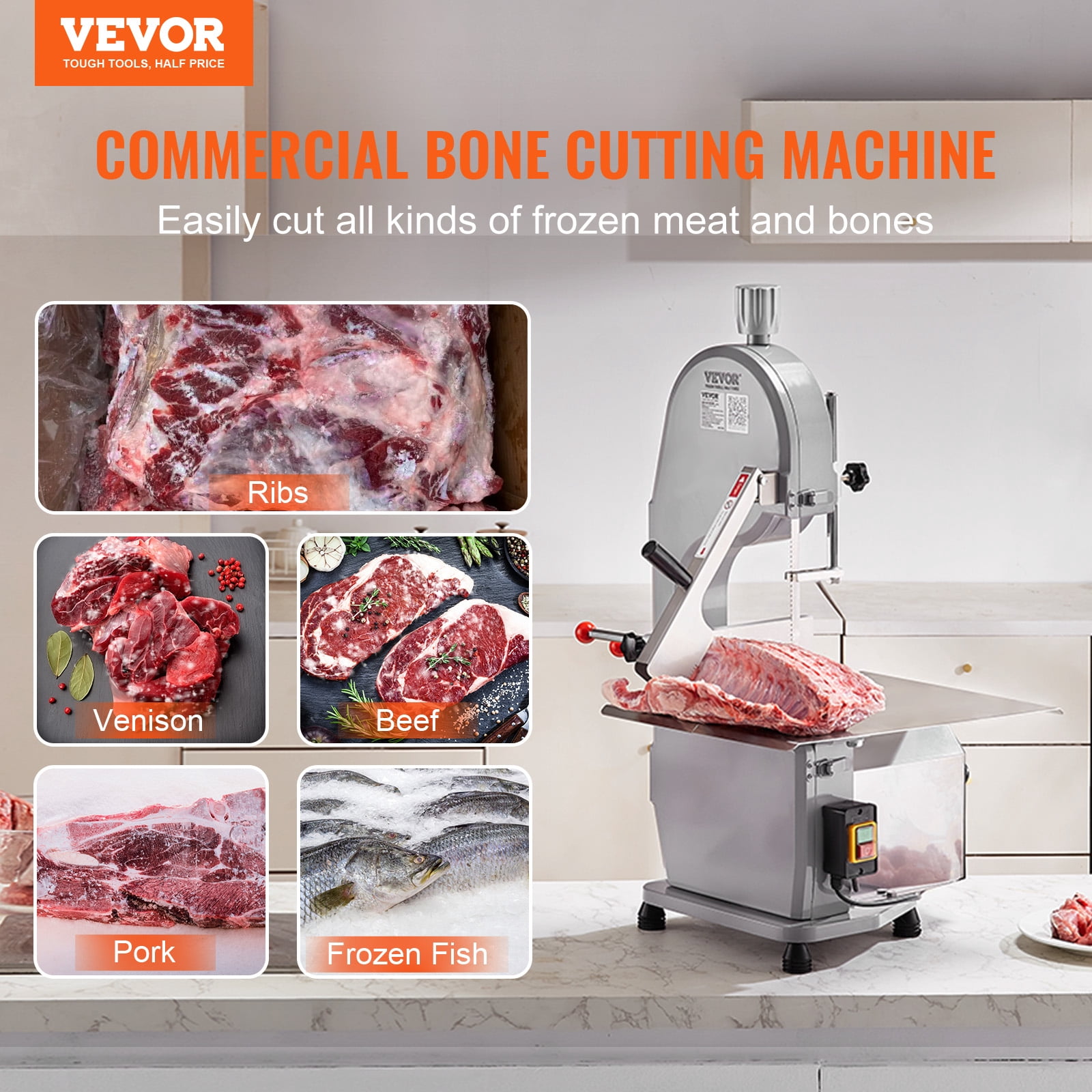 VEVOR 1500W Stainless Steel Countertop Bone Sawing Machine,19.3" x 15", 0.16-7.9 Inch 6 Blades