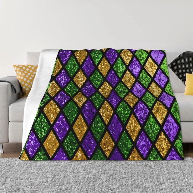 Balery Mardi Gras Shiny Green Purple Manta de Franela con Dibujo, Lujo Ultra Suave y Cálido, Antipelusa y Resistente a las Arrugas para Cama, Sofá, Camping -50"x40"
