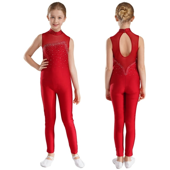Zaldita Kids Girls Sleeveless Diamond Unitard Full Length Spandex Body Suit Gymnastic Leotard Jumpsuit Dancewear Burgundy 8