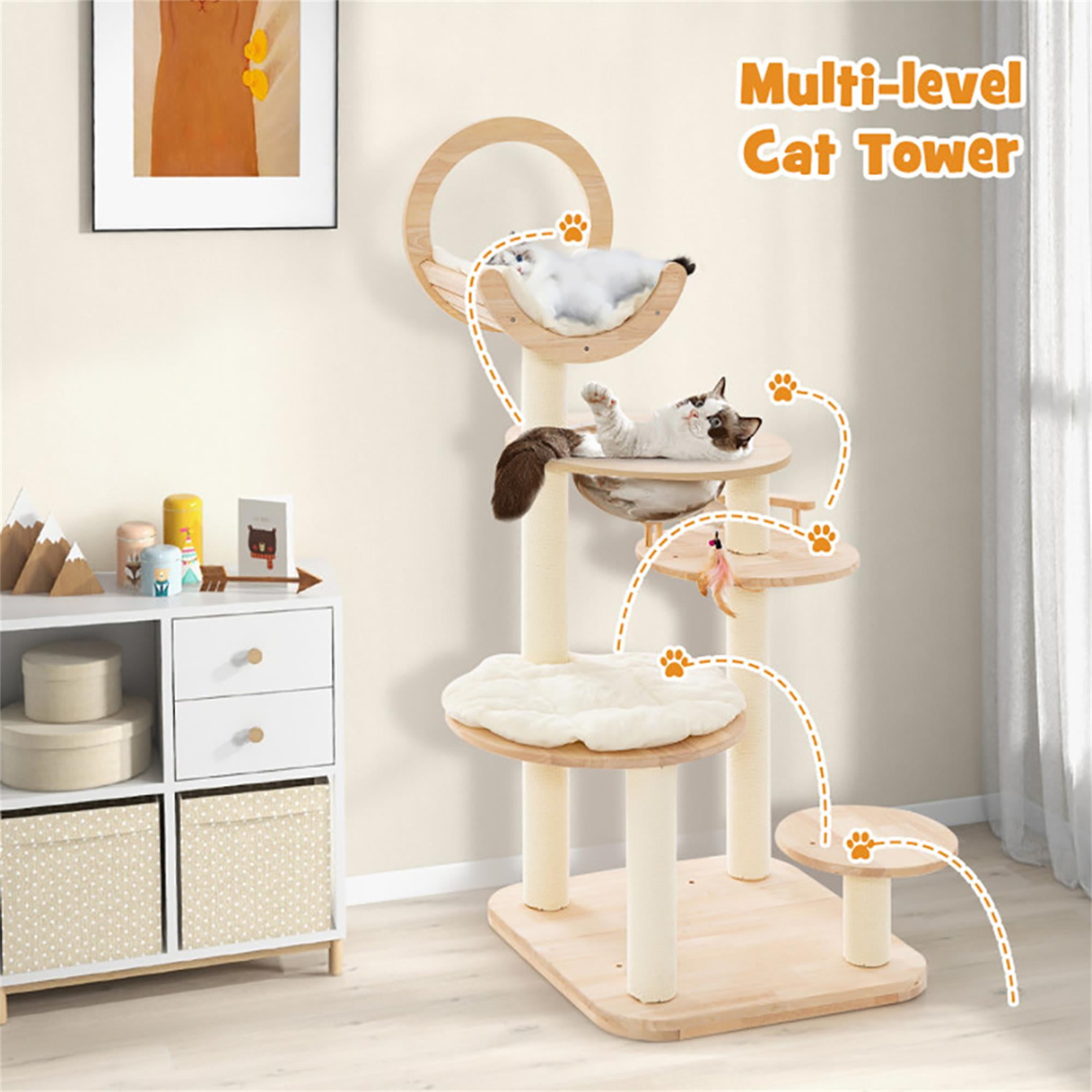 Kadyn 57" Modern Cat Tree Tower for Indoor Cats, 4-in-1 Large Wood Cat Condo with Scratching Post and Removable Pads for Small Large Cats, Beige