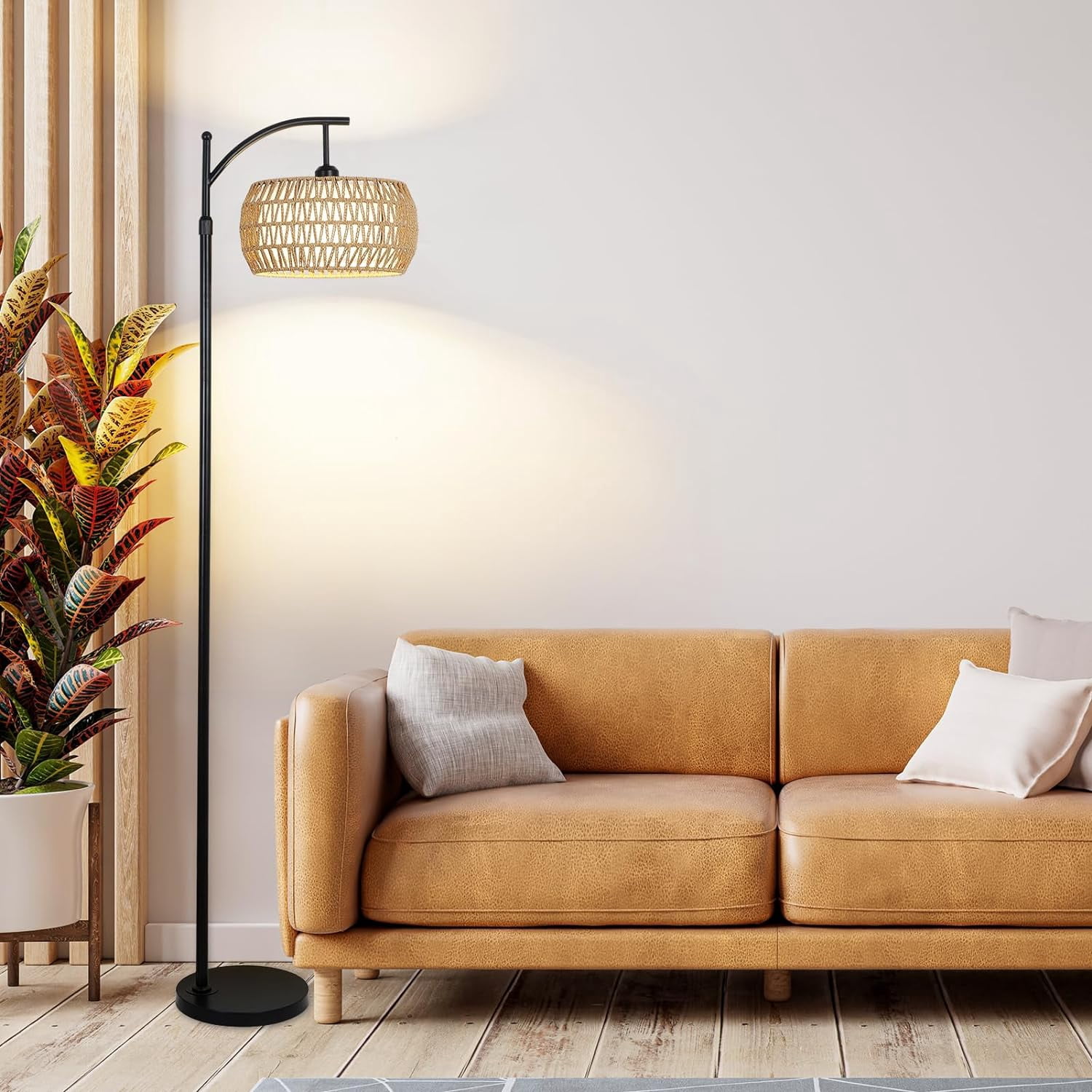 Arc Floor Lamp with Remote Control, Dimmable LED, Rattan & Fabric Shade, Black/Brown