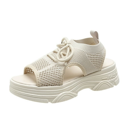 

Huanghuaa Flying Weave Sports Sandals For Women 2023 Summer New Casual Lace Up Thick Bottom Matsuke Flying Weave Breathable Student Wear Sandals