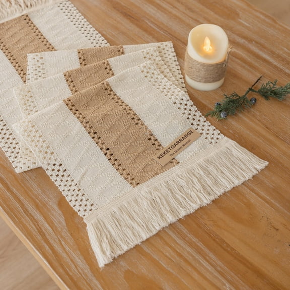 Boho Rustic Jute Macrame Table Runner, Farmhouse Woven Burlap Dresser Scarf 13 x 48 Inches, Neutral Brown Table Centerpiece for Dining, Kitchen & Coffee Table Decor