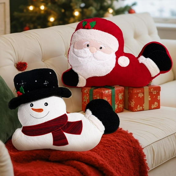 Christmas Snowman Santa Throw Pillows Set of 2, Christmas Decoration Winter White Throw Pillow Soft Fleece Cute Throw Cushion for Sofa Bedroom Xmas Decor (16x21 inch & 13x21 inch)