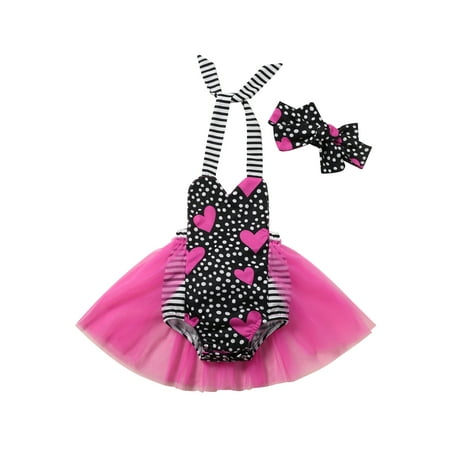

2Pcs Infant Girl Summer Romper Heart Print Halter Jumpsuit Headband Toddler Girl Sleeveless Outfits