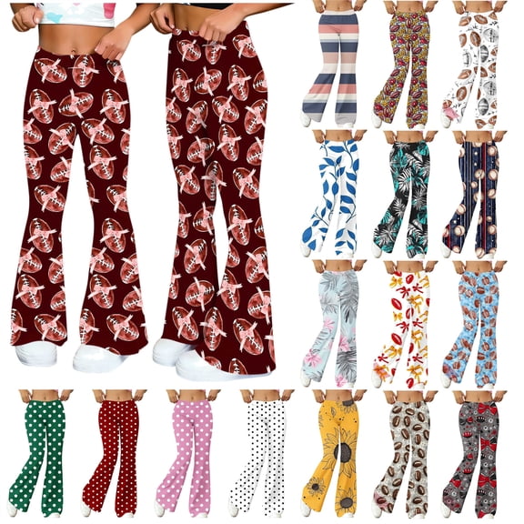 QATAINLAV Women's 70S Yoga Pants Hippie Clothes High Waisted Workout Flared Leggings Cute Graphic Print Athletic Bell Bottom Trousers Yellow XL