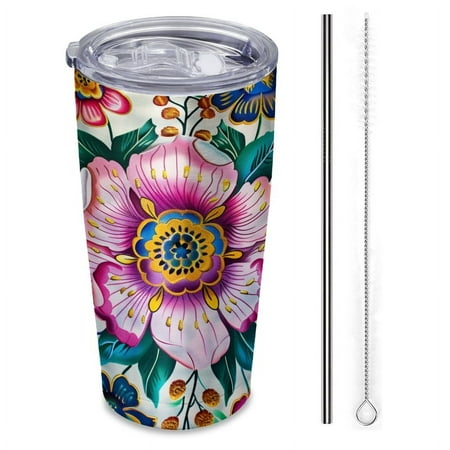 

beautiful pattern of flowers in the style-Insulated Car Cup 20 oz Stainless Steel Travel Tumbler with Reusable Straw & Brush Hot & Cold Drinks Coffee/Tea/Office/Outdoor Drinkware