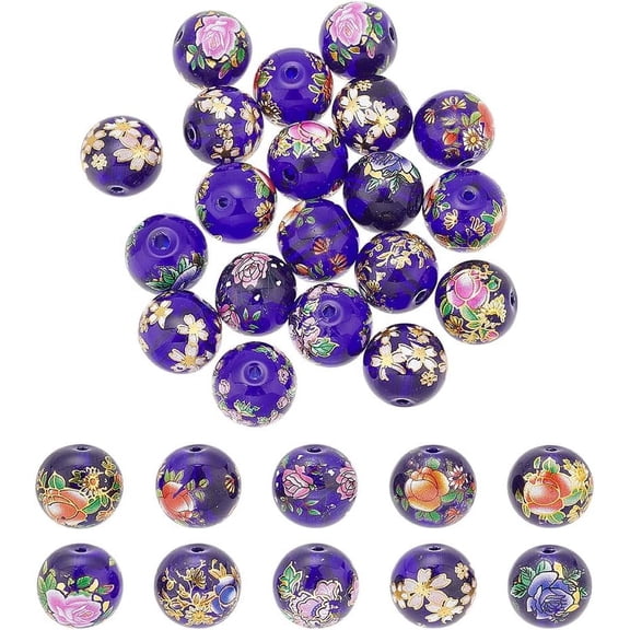 PH 20Pcs 14mm Colored Drawing Flower Glass Beads Transparent Round Beads for DIY Jewelry Making(Transparent Blue Mixed Color) Multi-color