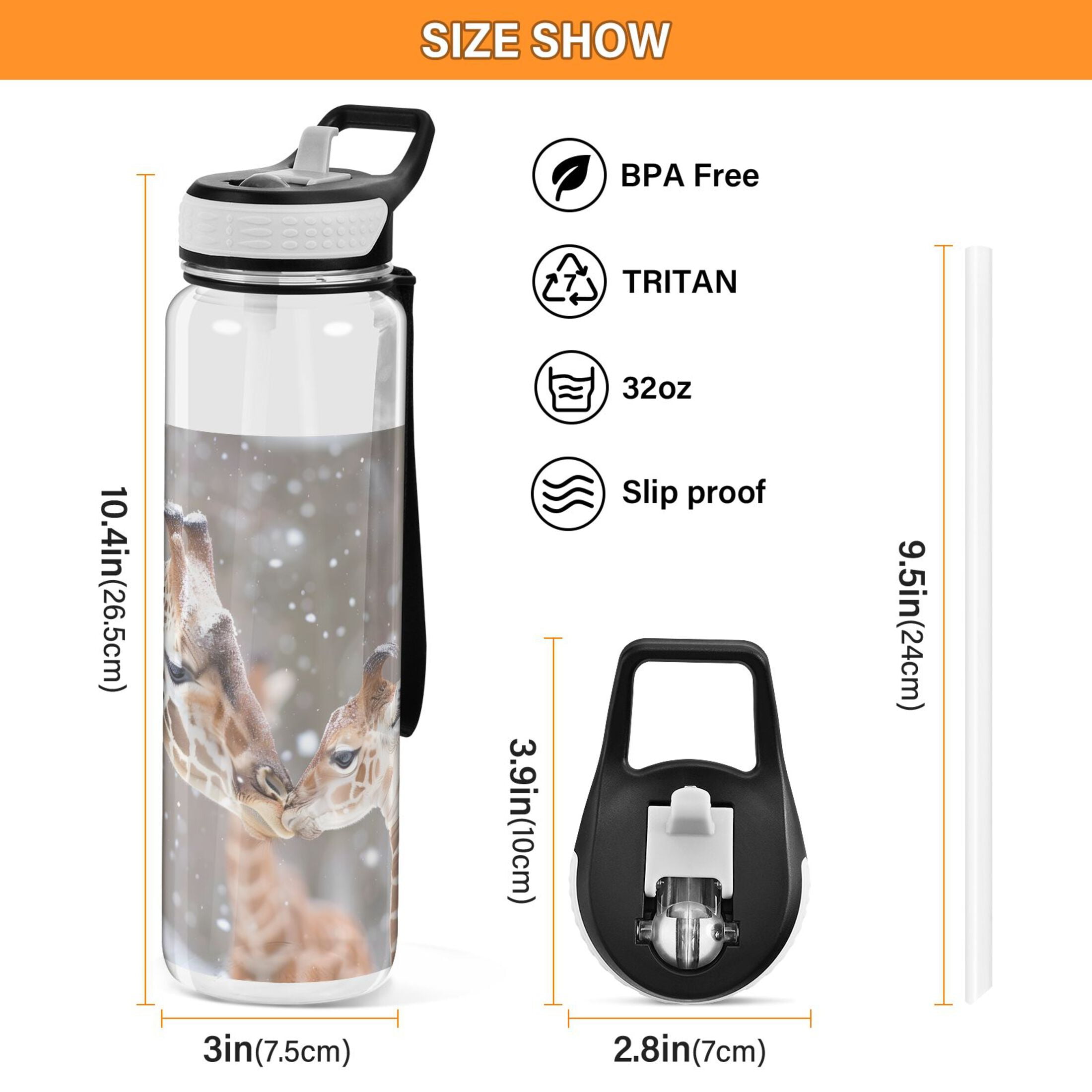 Mother and Baby Giraffes Sports Water Bottle Portable Travel Mug 32oz BPA Free Leak Proof Straw Transparent Tritan for Gym Yoga Cycling Camping