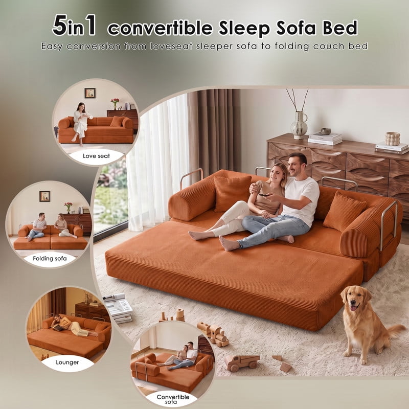 Anpport 78.8" Compression Boneless Sectional Sofa, Convertible Floor Sleeper Bed with Pillow Back Armrest, Corduroy Fabric, Tangerine, for Living Room Bedroom
