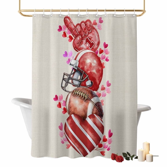 Valentine's Day Bathroom Shower Curtain, Watercolor Red Pink Rugby Helmet Glove Love Heart Linen Texture Waterproof Washable Soft Bath Curtain for Bathtub Decor with 12 Hooks&Grommet, 72x72 Inch