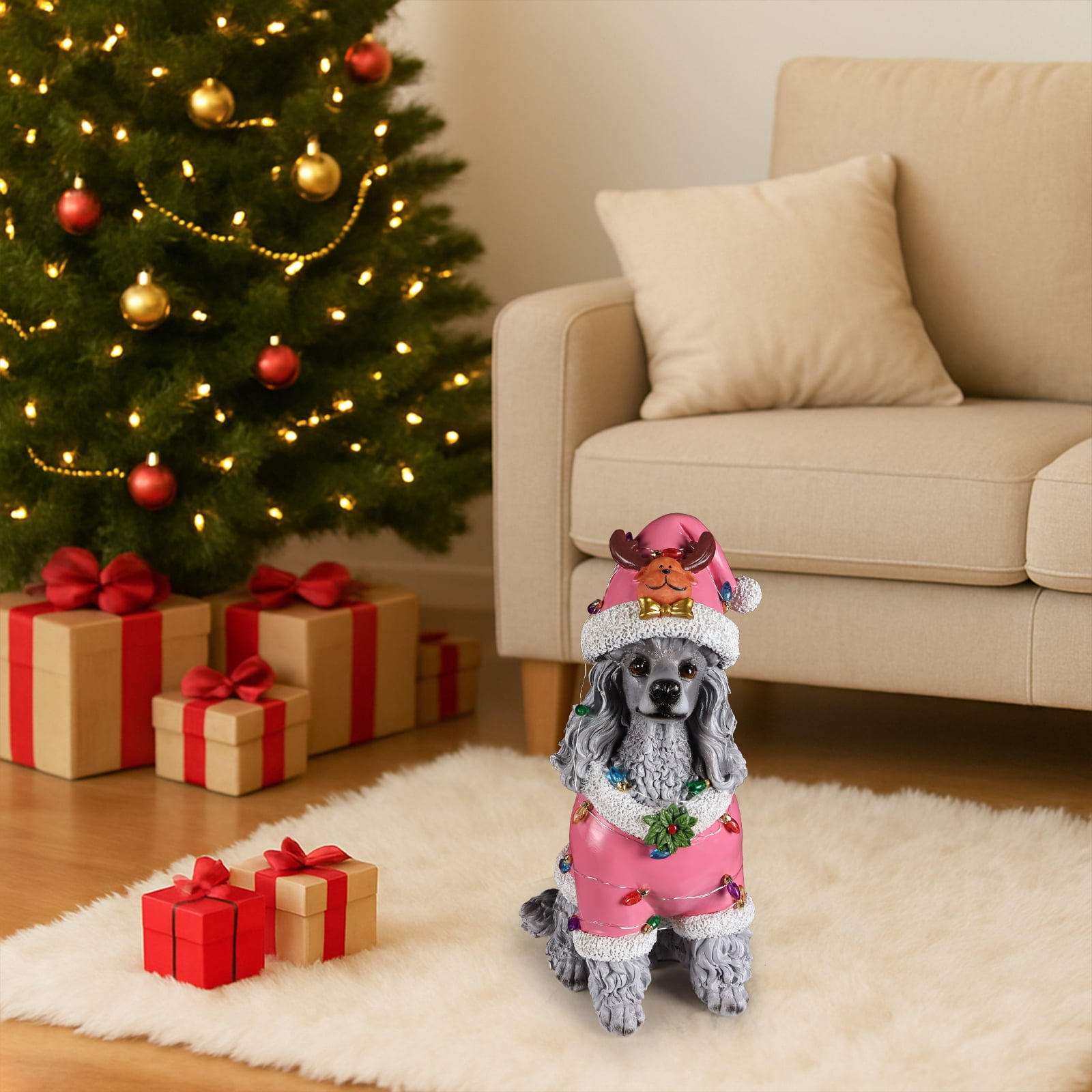 Poodle Pink Santa Outfit Christmas Dog Statue with Santa Hat Holiday Tabletop Decor