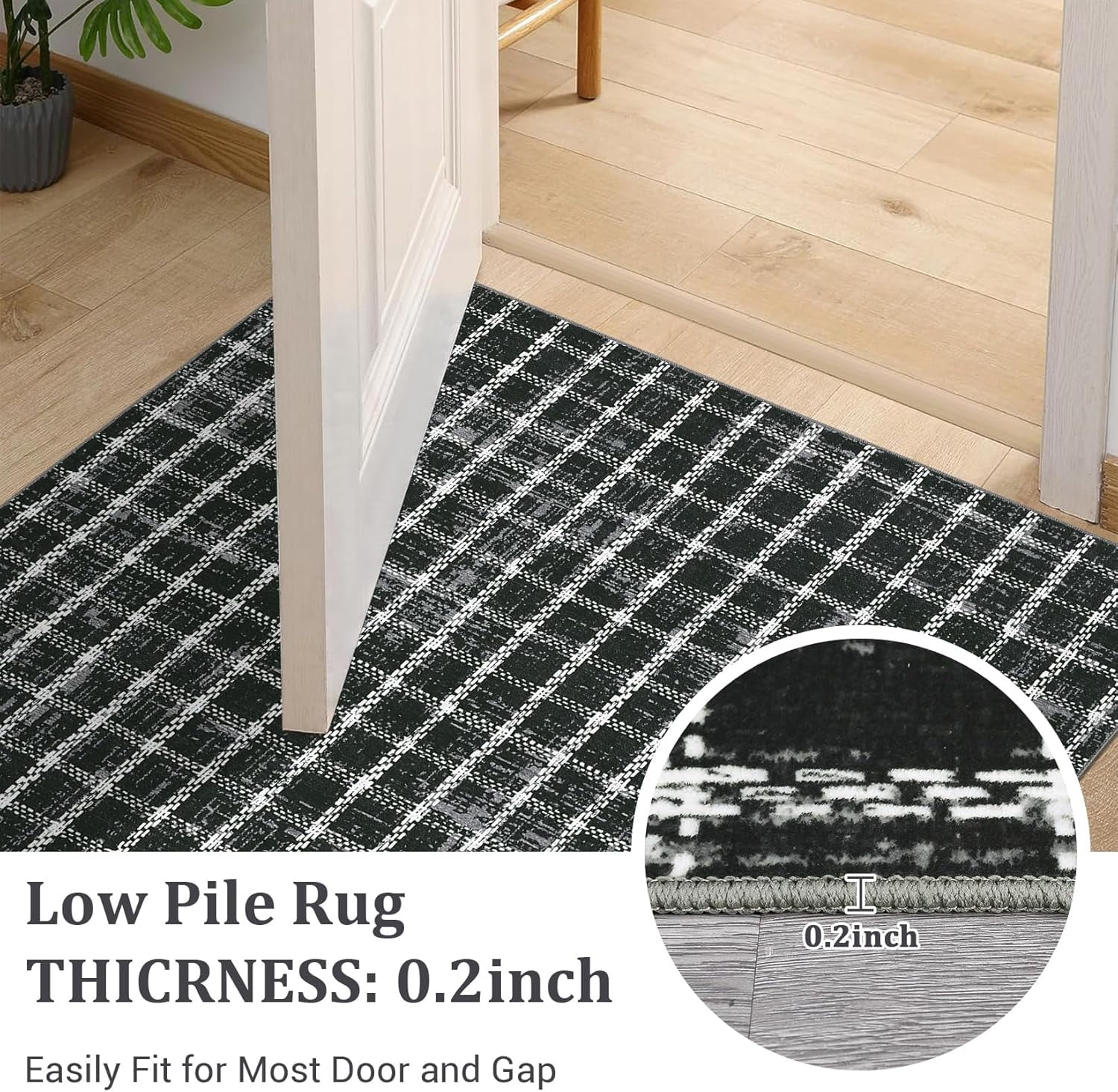 Twister.CK 3' x 5' Plaid Area Rugs, Modern Washable Stain-Resistant Carpet, Non Slip Indoor Rug for Living Room Dining Room Office, Black
