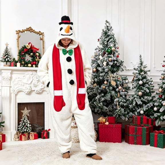 Christmas Snowman Onesie Costume Hooded Fleece Jumpsuit with Scarf Holiday Halloween Xmas Party Outfit Unisex Adult Plush Loungewear Pajamas for Women Men Adults Holiday
