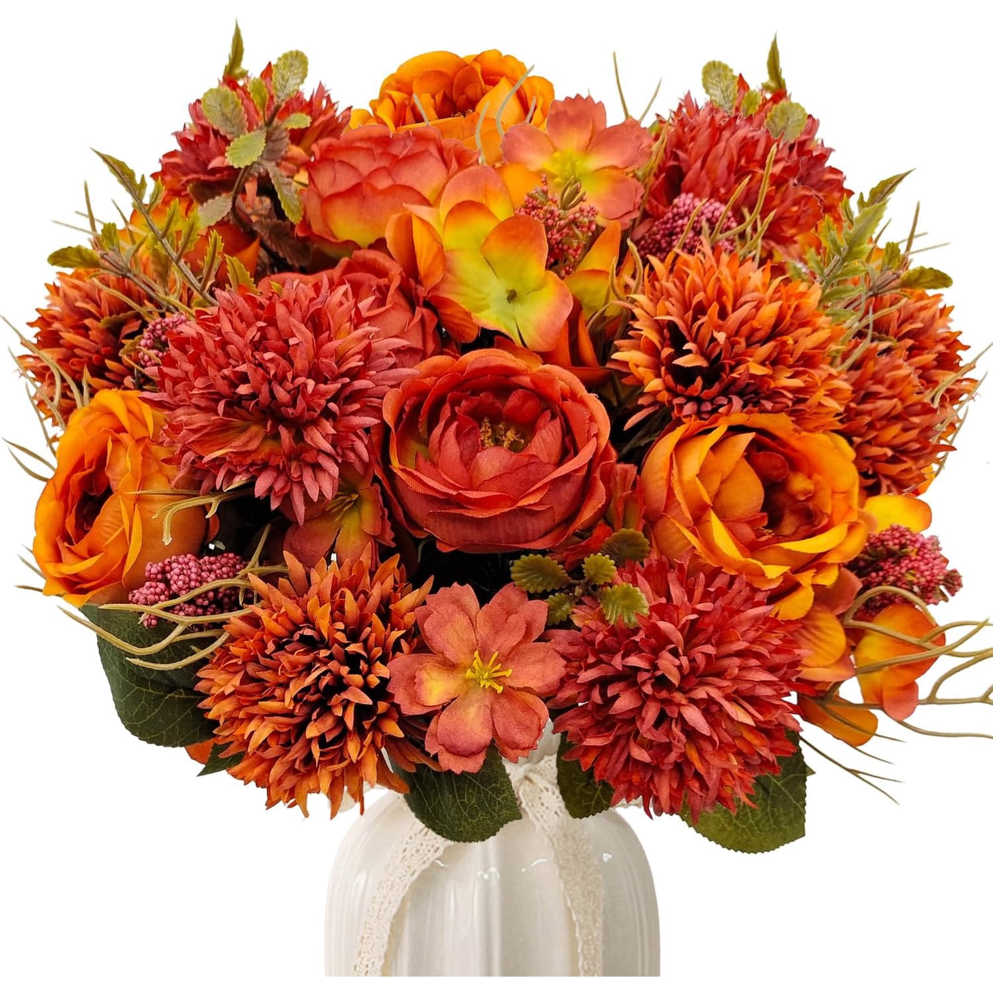 2 Bundles Fall Artificial Flowers Bouquet Fake Peony Silk Chrysanthemums Autumn Faux Floral Arrangements for Home Decor Indoor Kitchen Table Centerpieces Vase Decoration (2, Burnt Orange)
